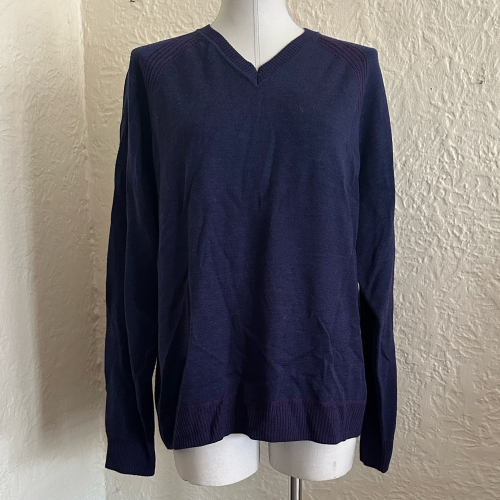Robert Graham Dark Blue Purple 100% Wool V-Neck Men’s Sweater Large